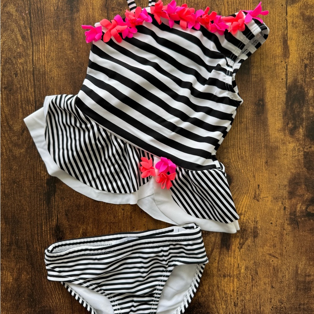 Flapdoodles Black and White Striped Swimsuit -toddler 2Y